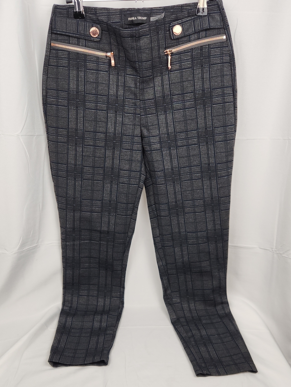 Ivanka Trump Gray Plaid Ankle Pants with Rose Gold Zippers